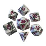 Dice: Acrylic 16mm 7pc Set: Marble: Purple Numbers ^ Q2 2024