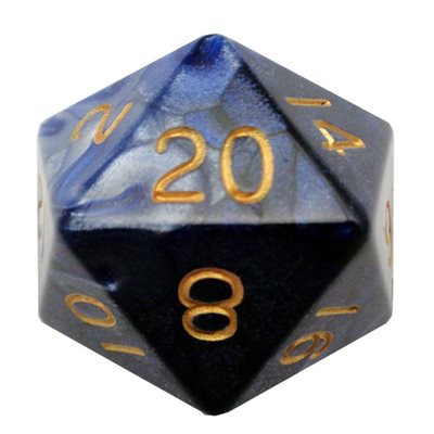 Dice: Acrylic 35mm D20: Blue / White w / Gold Numbers ^ Q2 2024