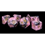 Dice: Acrylic 16mm 7pc Set: Pink / Black w /  Gold Numbers ^ Q2 2024