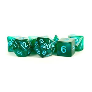 Dice: Acrylic 16mm 7pc Set: Stardust Green w / Blue Numbers ^ Q2 2024