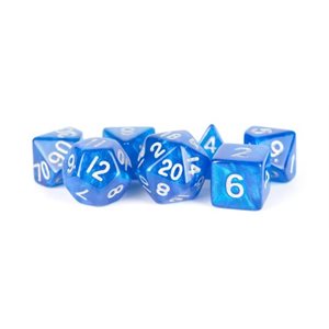 Dice: Acrylic 16mm 7pc Set: Stardust Blue w / Silver Numbers ^ Q2 2024