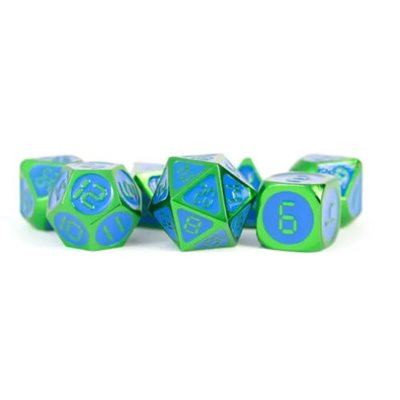 Dice: Metal 16mm 7pc Set: Green w / Blue Enamel ^ Q2 2024