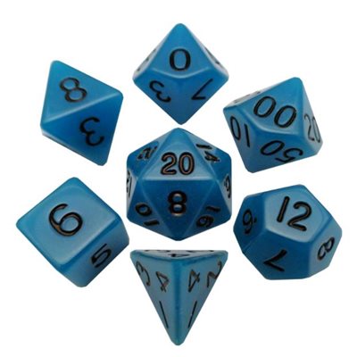 Dice: Acrylic 16mm 7pc Set: Glow in the Dark: Blue ^ Q2 2024