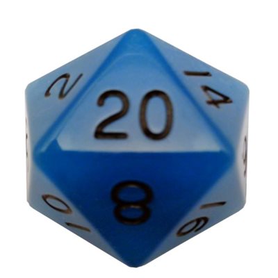 Dice: Acrylic 35mm D20: Glow in the Dark: Blue w / Black Numbers