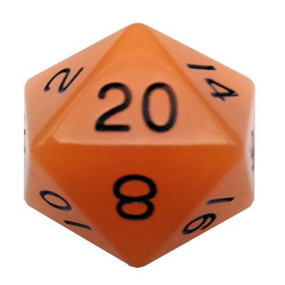 Dice: Acrylic 35mm D20: Glow in the Dark: Orange w / Black Numbers ^ Q2 2024