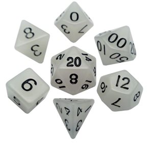 Dice: Acrylic 16mm 7pc Set: Glow in the Dark: Clear ^ Q2 2024