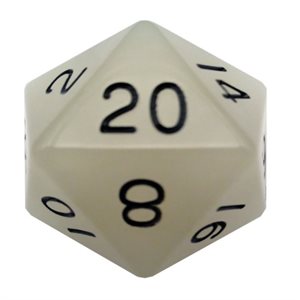Dice: Acrylic 35mm D20: Glow in the Dark: Clear w / Black Numbers ^ Q2 2024