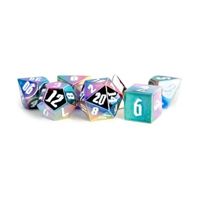 Dice: Aluminum Plated Acrylic 16mm 7pc Set: Rainbow Aegis w / White Numbers ^ Q3 2024