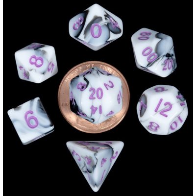 Dice: Mini 10mm 7pc Set: Marble: Purple Numbers