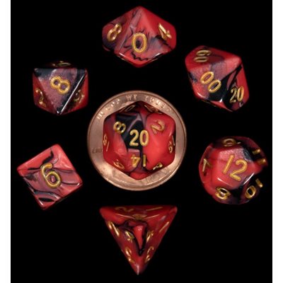 Dice: Mini 10mm 7pc Set: Red / Black w / Gold Numbers ^ Q2 2024