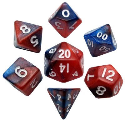 Dice: Mini 10mm 7pc Set: Red / Blue w / White Numbers ^ Q2 2024