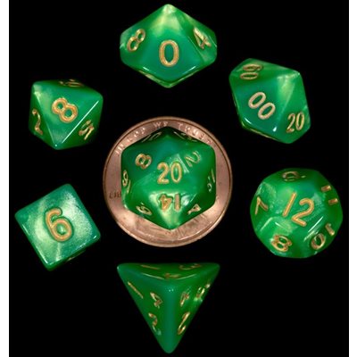 Dice: Mini 10mm 7pc Set: Green / Light Green w / Gold Numbers ^ Q2 2024