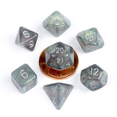 Dice: Mini 10mm 7pc Set: Stardust Grey w / Silver Numbers ^ Q2 2024