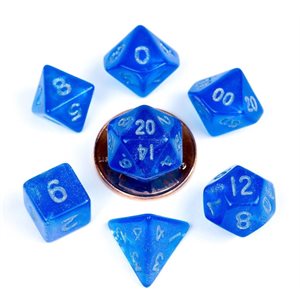 Dice: Mini 10mm 7pc Set: Stardust Blue w / Silver Numbers ^ Q2 2024
