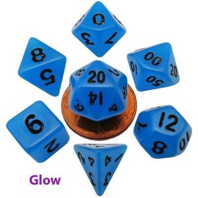 Dice: Mini 10mm 7pc Set: Glow in the Dark: Blue ^ Q2 2024