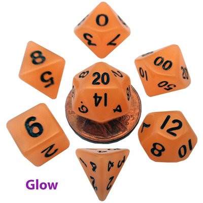 Dice: Mini 10mm 7pc Set: Glow in the Dark: Orange ^ Q2 2024