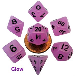 Dice: Mini 10mm 7pc Set: Glow in the Dark: Purple ^ Q2 2024