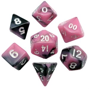 Dice: Mini 10mm 7pc Set: Pink / Black w / Gold Numbers ^ Q2 2024