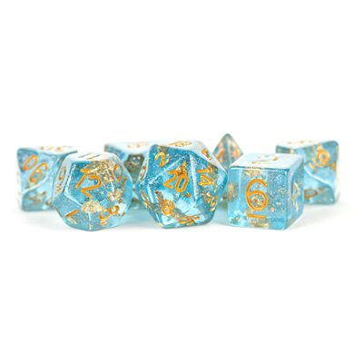 Dice: Resin 16mm 7pc Set: Blue w / Gold Foil ^ Q3 2024