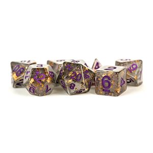 Dice: Resin 16mm 7pc Set: Gray w / Gold Foil, Purple Numbers ^ Q3 2024