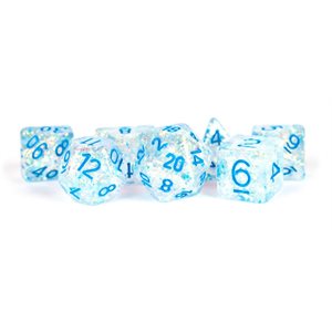 Dice: Resin 16mm 7pc Set: Flash Clear w / Light Blue Numbers ^ Q2 2024