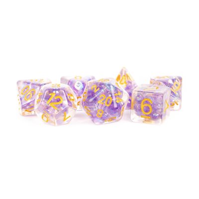 Dice: Resin 16mm 7pc Set: Pearl Purple w / Gold Numbers ^ Q3 2024