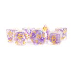 Dice: Resin 16mm 7pc Set: Pearl Purple w / Gold Numbers ^ Q2 2024