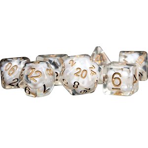 Dice: Resin 16mm 7pc Set: Pearl w / Copper Numbers ^ Q2 2024
