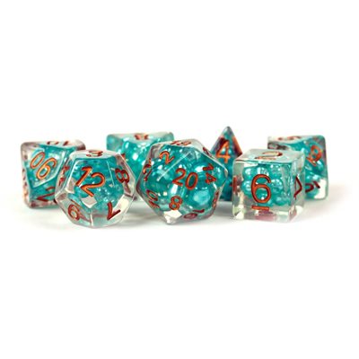 Dice: Resin 16mm 7pc Set: Pearl Teal w / Copper Numbers ^ Q2 2024