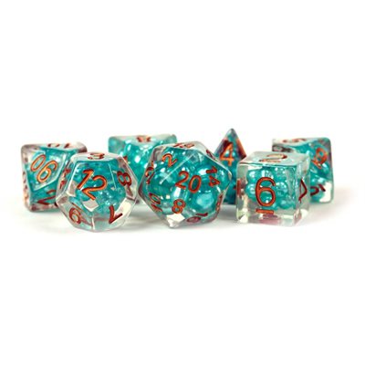 Dice: Resin 16mm 7pc Set: Pearl Teal w / Copper Numbers ^ Q3 2024