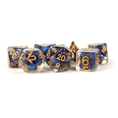 Dice: Resin 16mm 7pc Set: Pearl Royal Blue w / Gold Numbers ^ Q2 2024