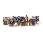 Dice: Resin 16mm 7pc Set: Pearl Royal Blue w /  Gold Numbers ^ Q3 2024