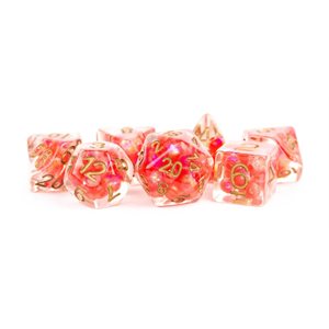 Dice: Resin 16mm 7pc Set: Pearl Red w / Copper Numbers ^ Q2 2024