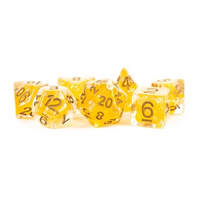 Dice: Resin 16mm 7pc Set: Pearl Citrine w / Copper Numbers ^ Q3 2024