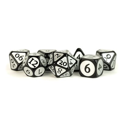 Dice: Enamel Acrylic 16mm 7pc Set: Black w / Silver Enamel ^ Q3 2024